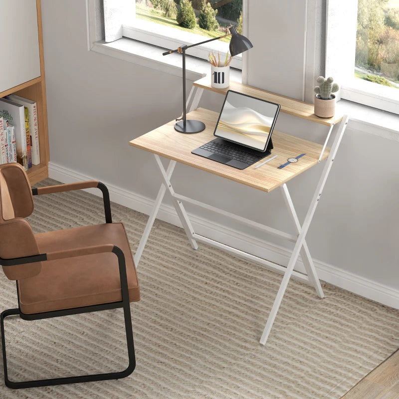 81.5 cm Folding Computer Desk with Monitor Shelf - Stylish Natural Wood Finish for Home Office & Study