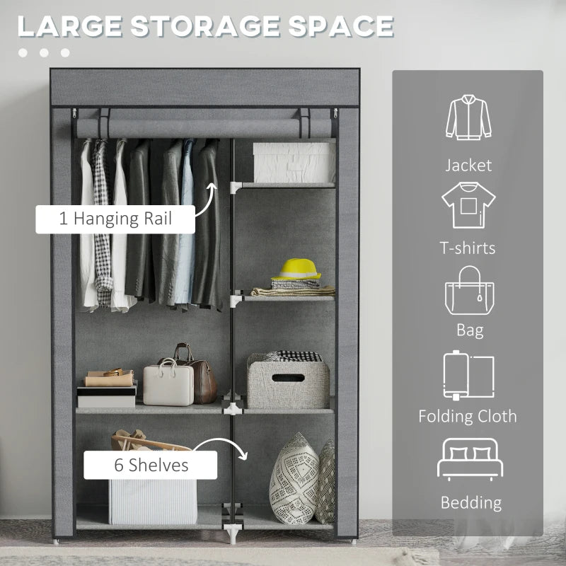 Dark Grey Six Shelf Fabric Wardrobe with Rail for Stylish Storage Solutions