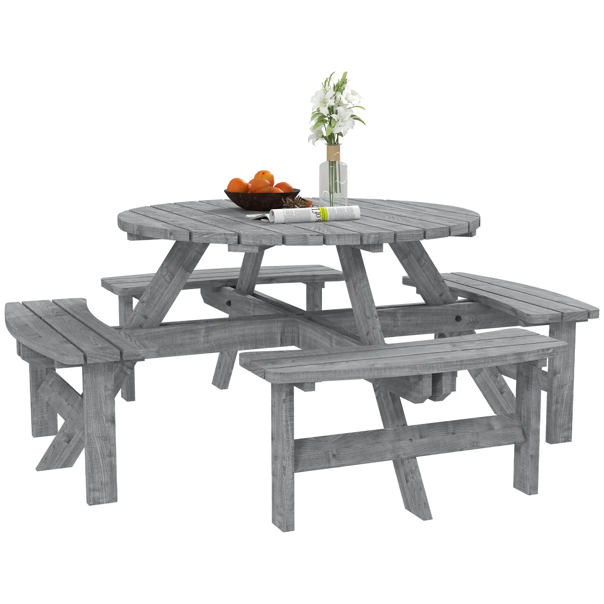 Grey Fir Wood 8-Seater Wooden Picnic Set -  Slatted Tabletop - Suits 8 People