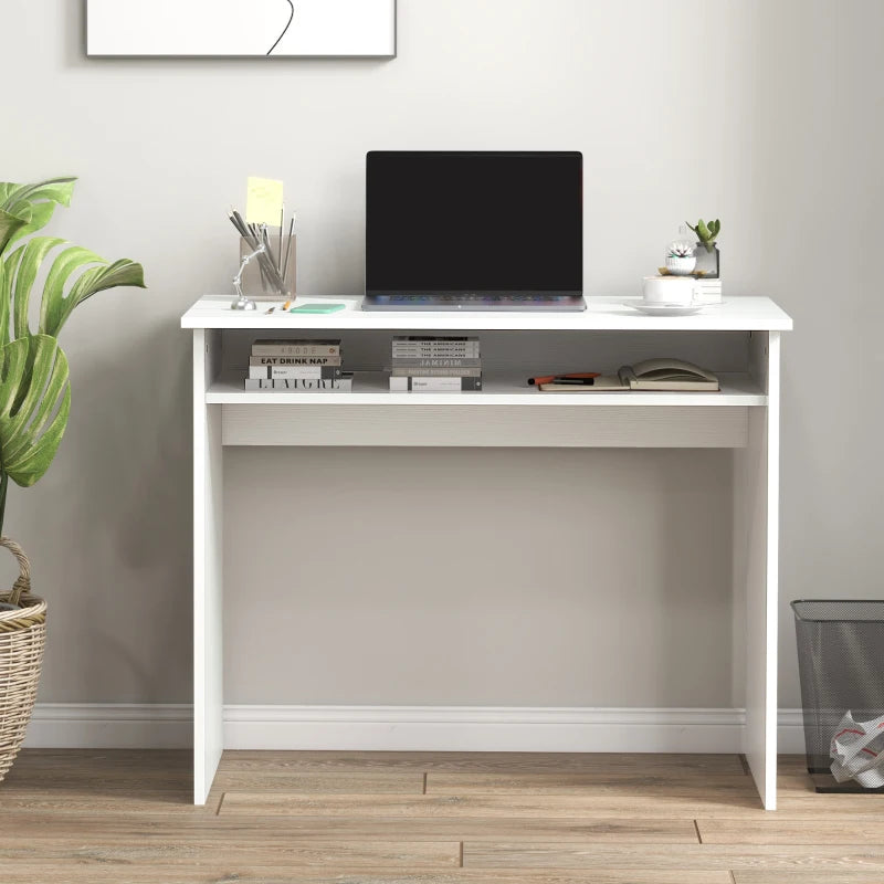 Modern White Wood Grain Computer Desk - Small Home Office Writing Table with Storage Shelf, 90 x 50cm