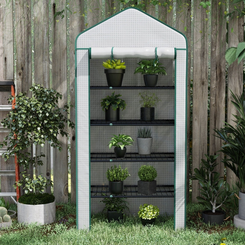 Portable White 5 Tier Mini Greenhouse with Roll-up Door, 193H x 90W x 49Dcm