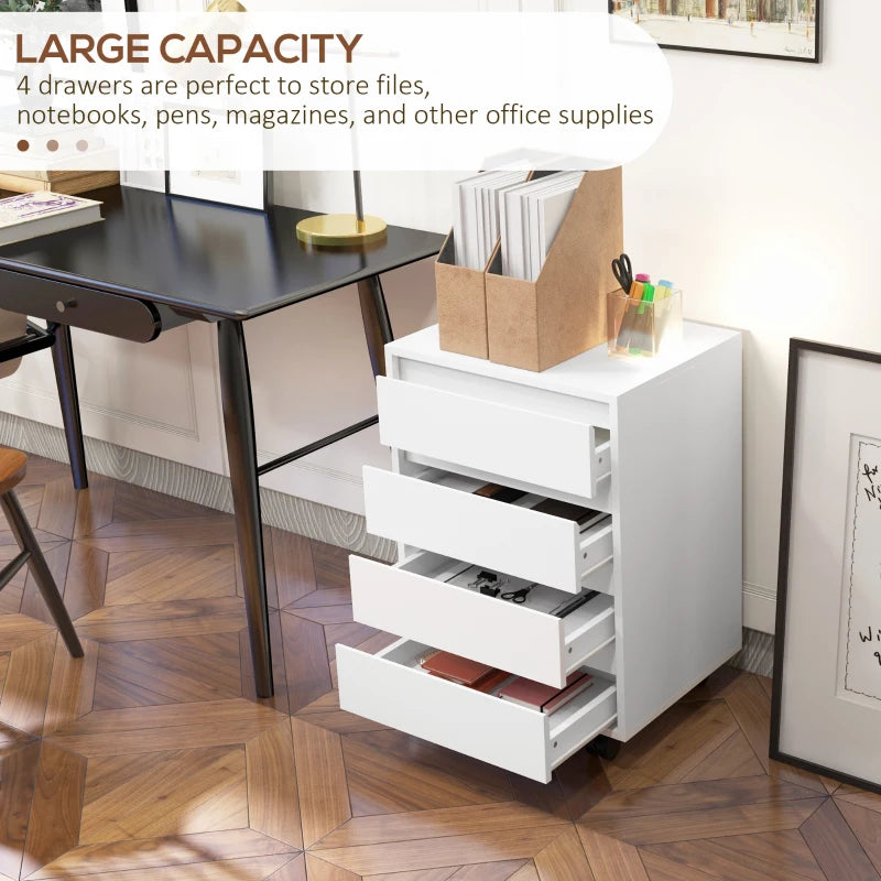 White Four-Drawer Office Filing Cabinet on Wheels - Mobile Storage Solution for Home & Office Organization