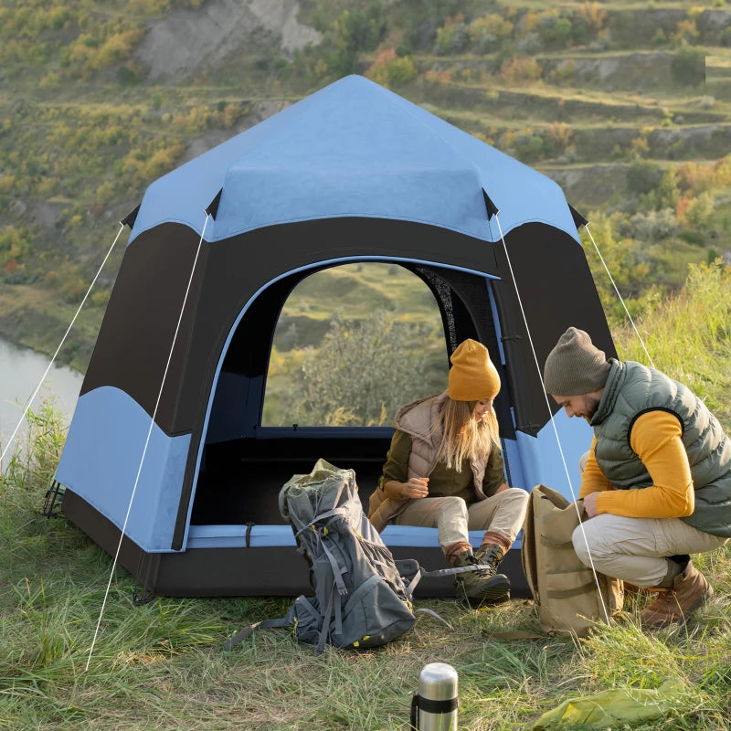 Six Person Hexagon Camping Tent with Hang Hook and Carry Bag Blue and Black