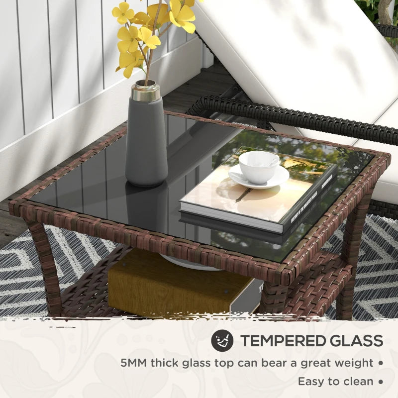 Brown Rattan Glass Top Patio Side Table - 50cm