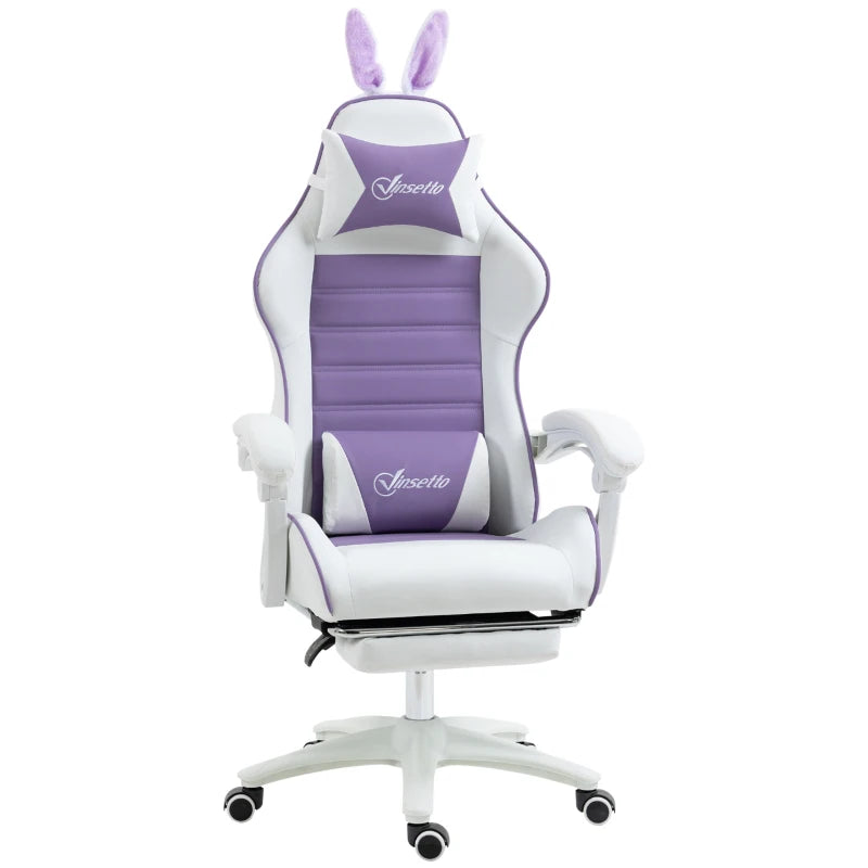 Vinsetto Purple Racing Gaming Chair - Reclining PU Leather with Removable Rabbit Ears, Footrest, Headrest & Lumbar Support