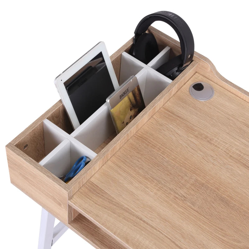Modern Oak & White Computer Desk with Drawer, Storage, Cable Management - Stylish Writing & Study Workstation, 100x55x81.5cm