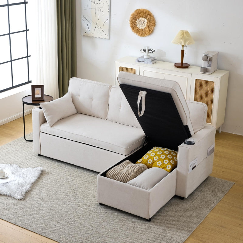Versatile L-Shaped Sofa Bed with Reversible Chaise, Storage, Cup Holders and Cushions in Beige