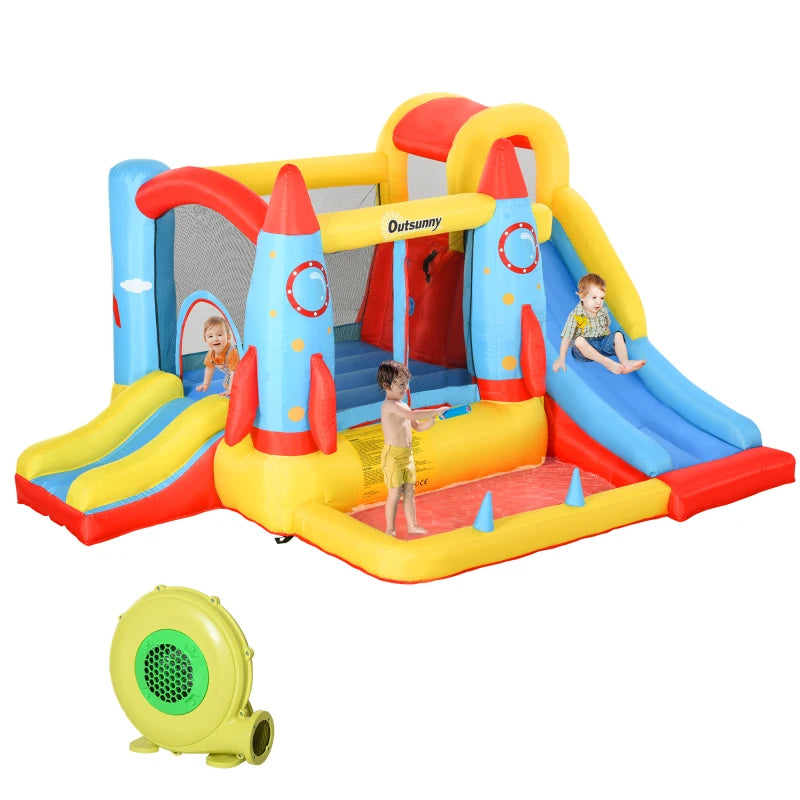 Inflatable Bounce Castle Trampoline Slide Pool Rocket Design 3.4m x 2.8m x 1.85m for Kids Outdoor Fun