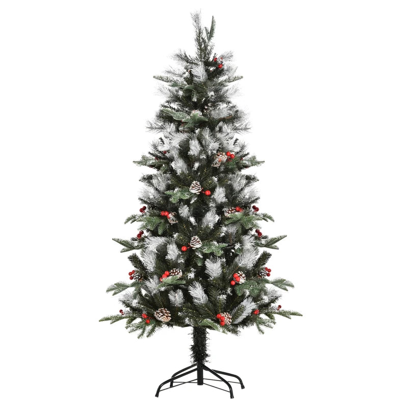 5FT Snow Dipped Christmas Pencil Tree with Red Berries & White Pinecones - Foldable Holiday Decoration for Home Parties