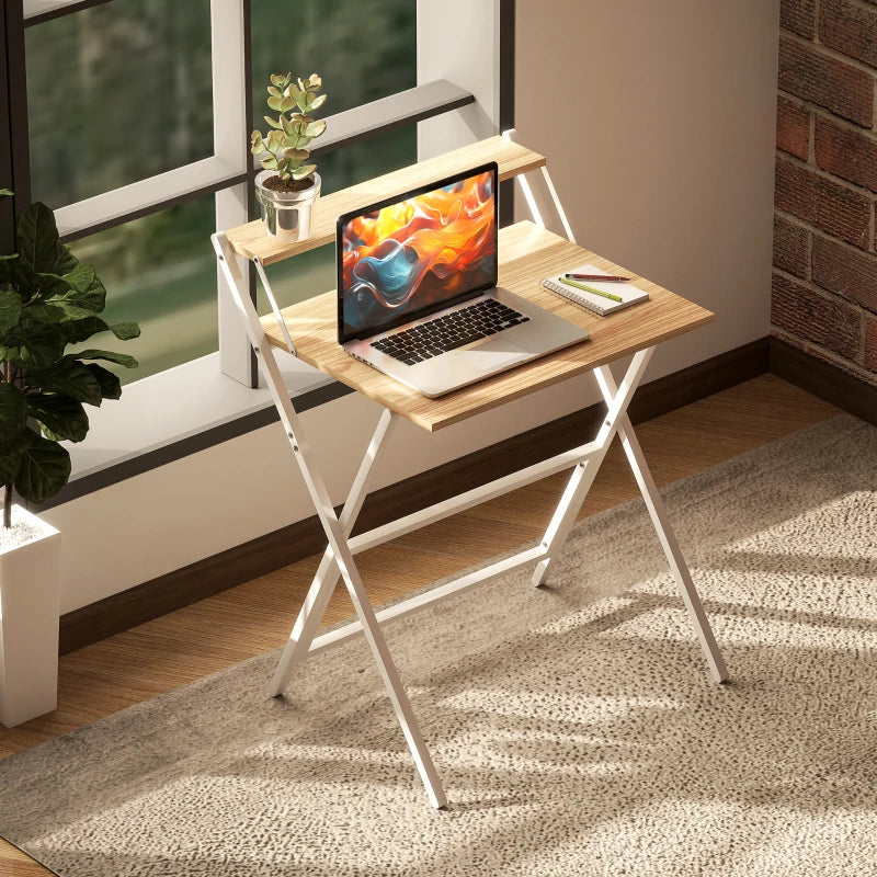 70 cm Folding Computer Desk with Monitor Shelf - Stylish Natural Wood Finish for Home Office & Study
