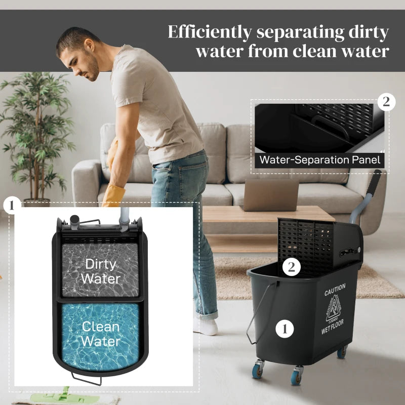 20L Compact Mop Bucket on Wheels with Water Separation Panel - Durable Black Cleaning Solution for Efficient Floor Care