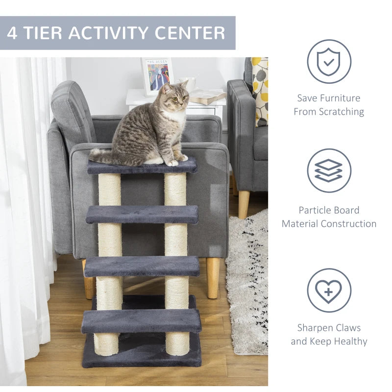 4-Step Dog Steps for Bed - Pet Stairs & Cat Ladder - Grey Scratch Post Design for Easy Access