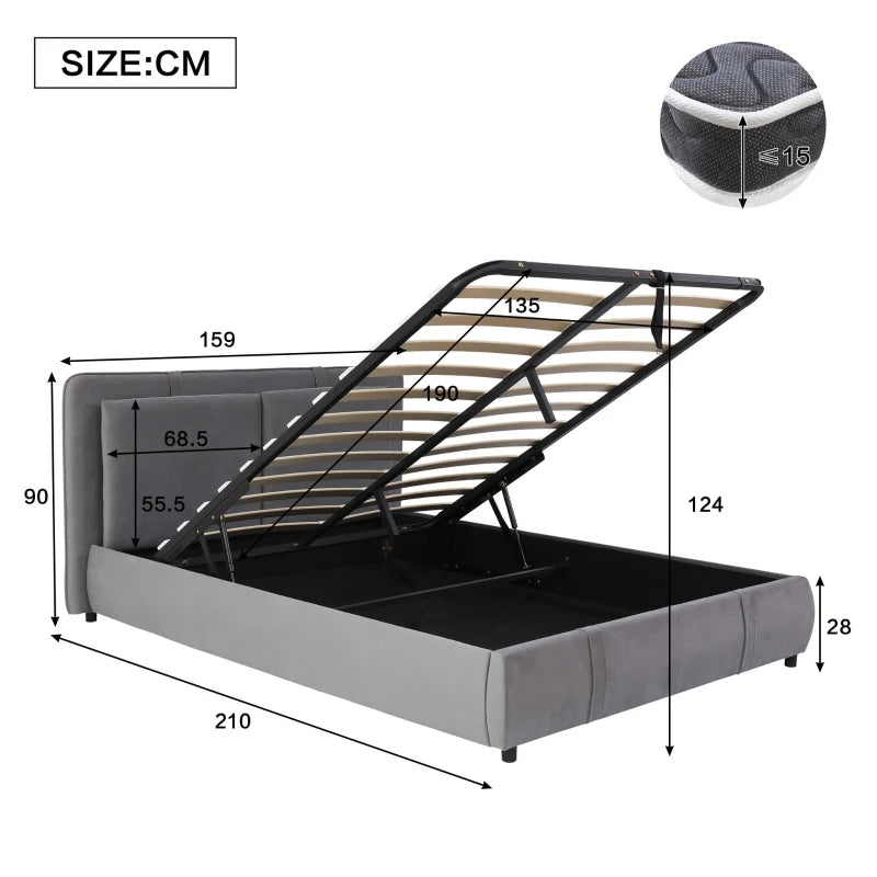 Upholstered Hydraulic Storage Bed with Removable Velvet Headboard - Grey, 210x159x90 cm, Stylish & Functional Bedroom Furniture