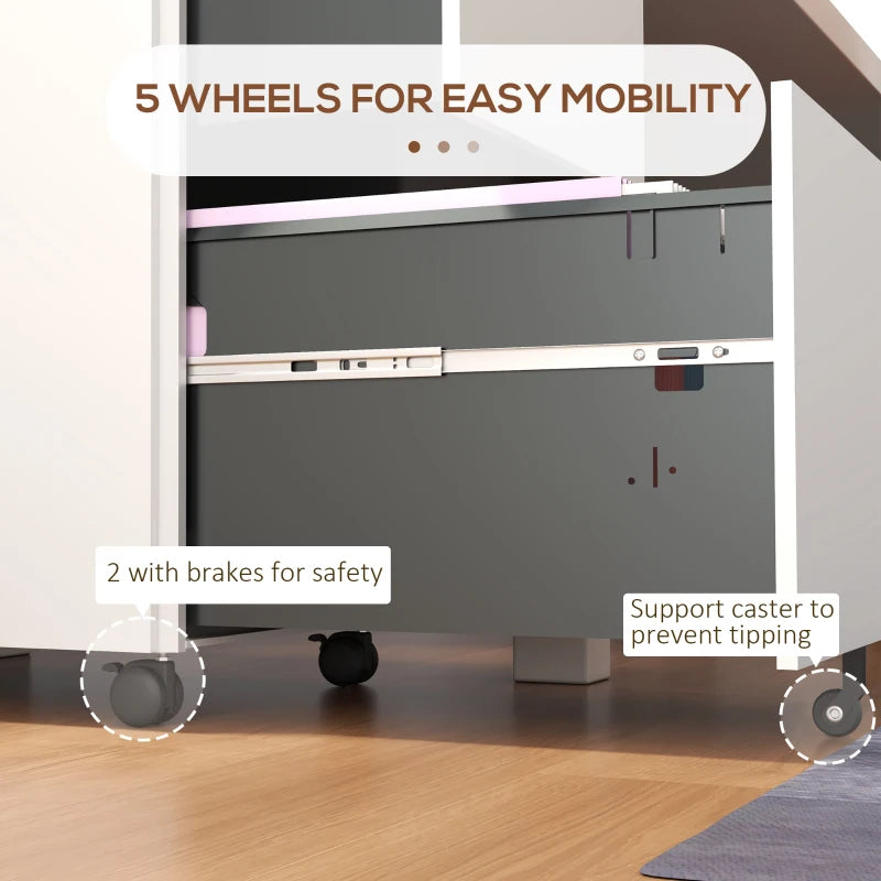 Vinsetto 2-Drawer Vertical Filing Cabinet with Lock & Wheels - Mobile Steel File Cabinet for A4, Legal, Letter Size - White