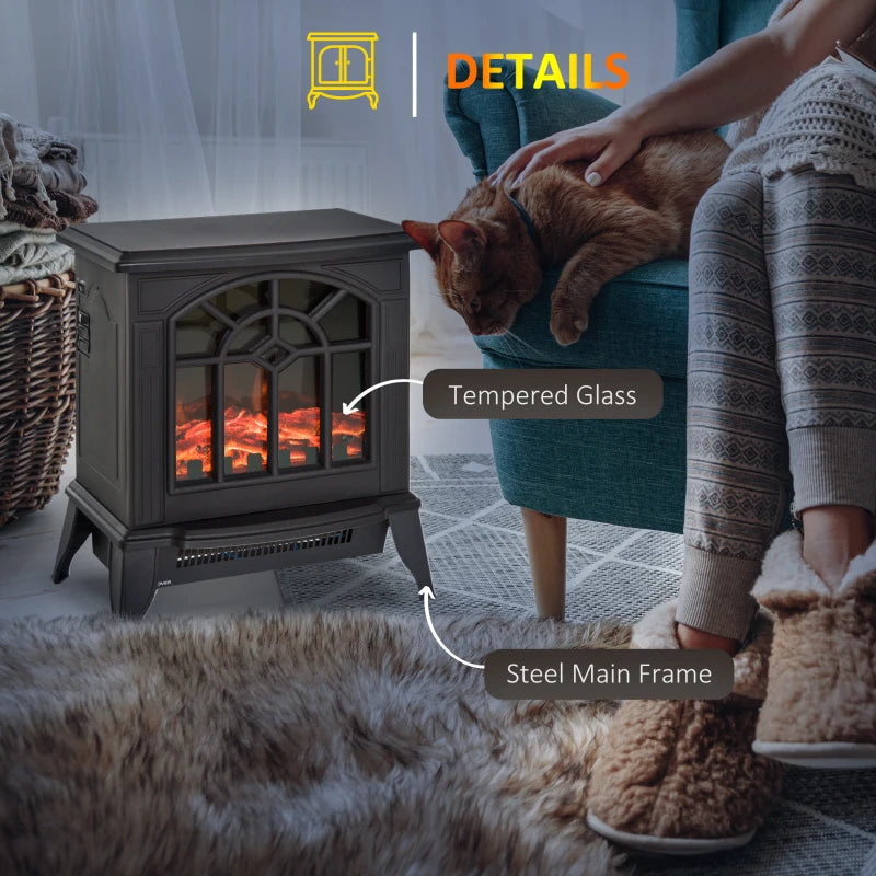Freestanding 1000W 2000W Electric Fireplace Indoor Heater with Thermostat and LED Flame Effect Black