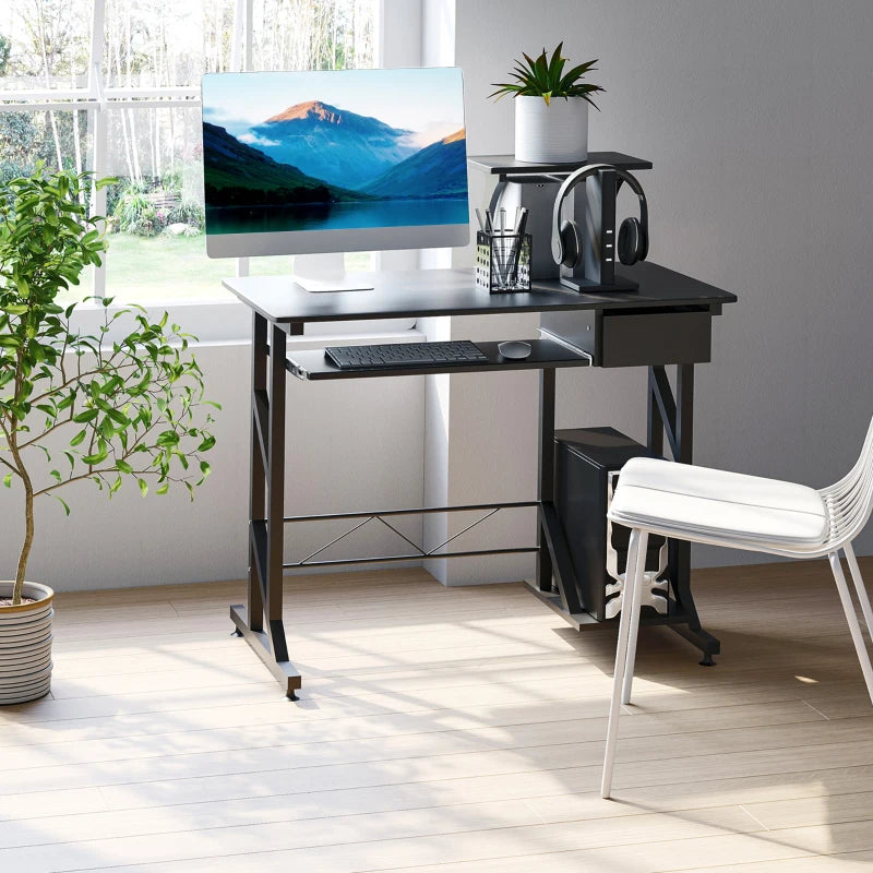 Modern Black Computer Desk with Display Stand, Sliding Keyboard Tray, and Host Box Shelf for Home Office Workstation