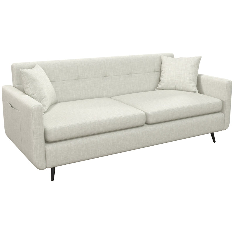 Modern 165cm 3-Seater Sofa for Living Room, Tufted Fabric Couch with Steel Legs and Storage Pockets, Beige