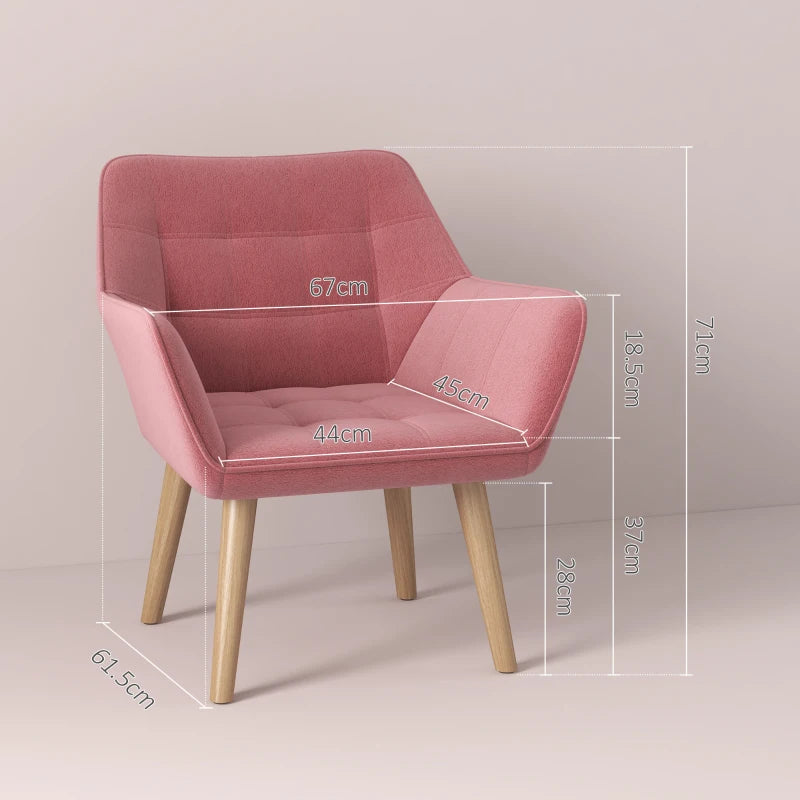 Stylish Pink Accent Chair with Wide Arms, Slanted Back, Thick Padding and Rubber Wood Legs for Living Room