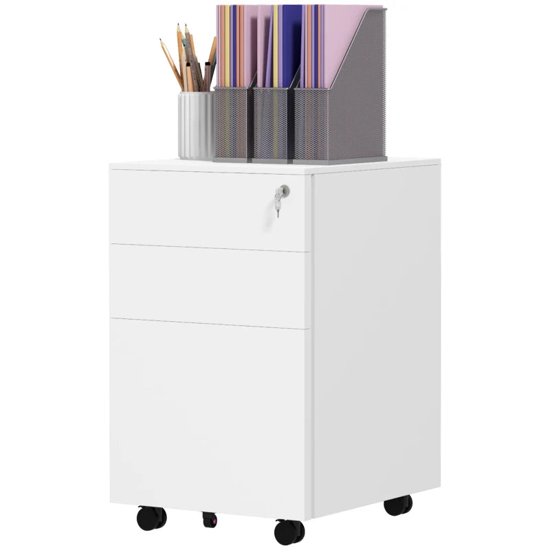Vinsetto 3-Drawer Vertical Filing Cabinet - Mobile Steel File Cabinet with Lock, Pencil Tray & 5 Wheels, Pre-Assembled, White