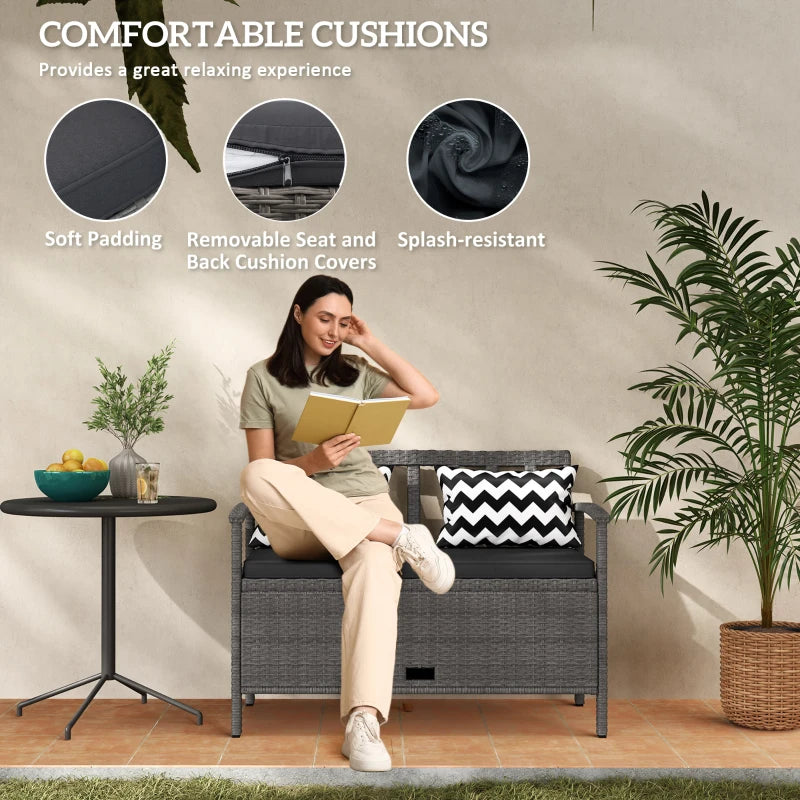 160L Grey Rattan Storage Bench - Two-Seater Outdoor Furniture