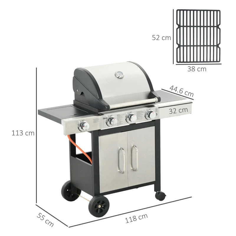 3-Burner Gas BBQ Grill with Smoker, Side Burner, and Storage Cabinet - Stainless Steel/Metal