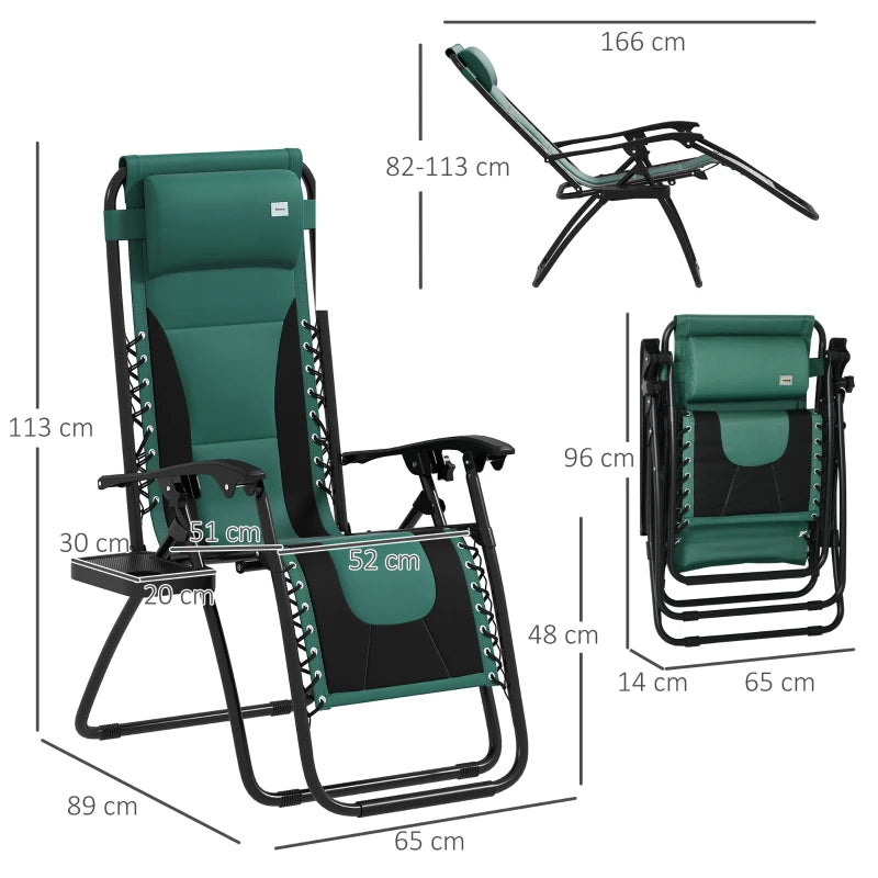 Zero Gravity Lounger Chair - Folding Reclining Patio Chair with Padded Seat, Cup Holder, Soft Cushion and Headrest - Green - Ideal for Poolside and Camping