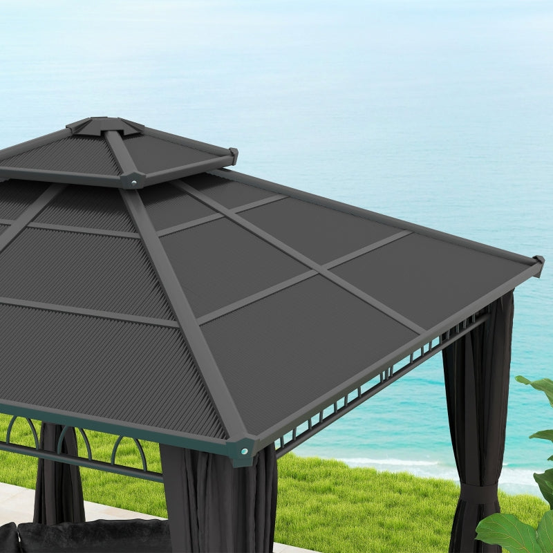 3 x 3 m Dark Grey Outdoor Polycarbonate Gazebo - Double Roof Hard Top with Galvanised Steel Frame, Nettings & Curtains for Garden, Lawn, Patio and Deck