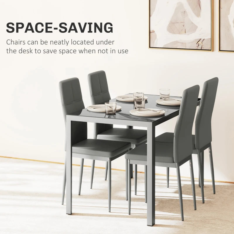 5-Piece Grey Kitchen Dining Table Set with Glass Top & 4 Faux Leather Chairs - Modern Metal Frame Design
