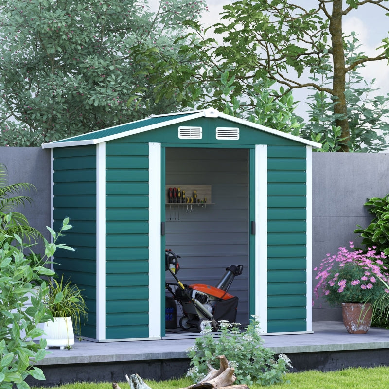 7ft x 4ft Green Metal Garden Shed - Easy Assembly, Galvanised Steel, Double Doors, Vents