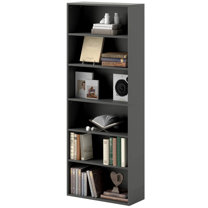 Stylish Black Six Shelf Bookcase - Modern Storage Solution for Home or Office, Perfect for Books and Decor