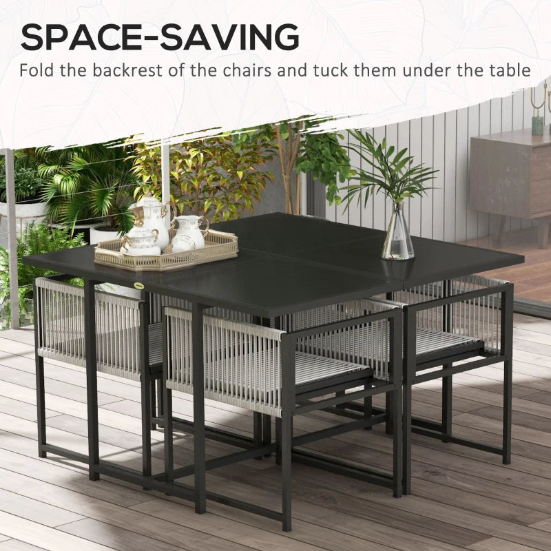5-Piece Light Grey Metal Dining Set with Folding Back Chairs - Outdoor Patio Furniture