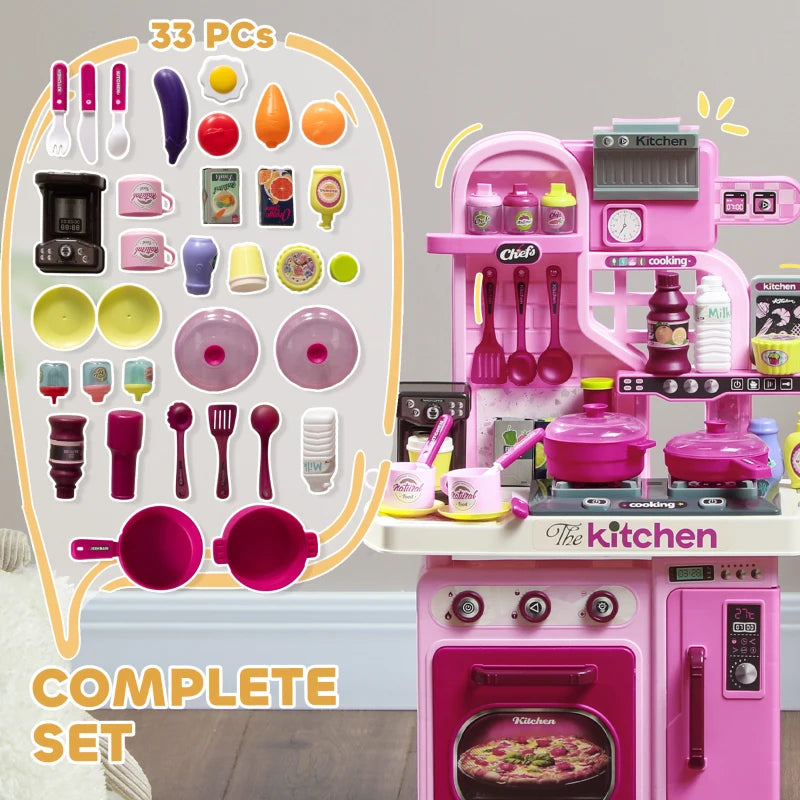 Kids Play Kitchen Set with 33 Accessories Lights Sounds Storage for Ages 3-6 Pink