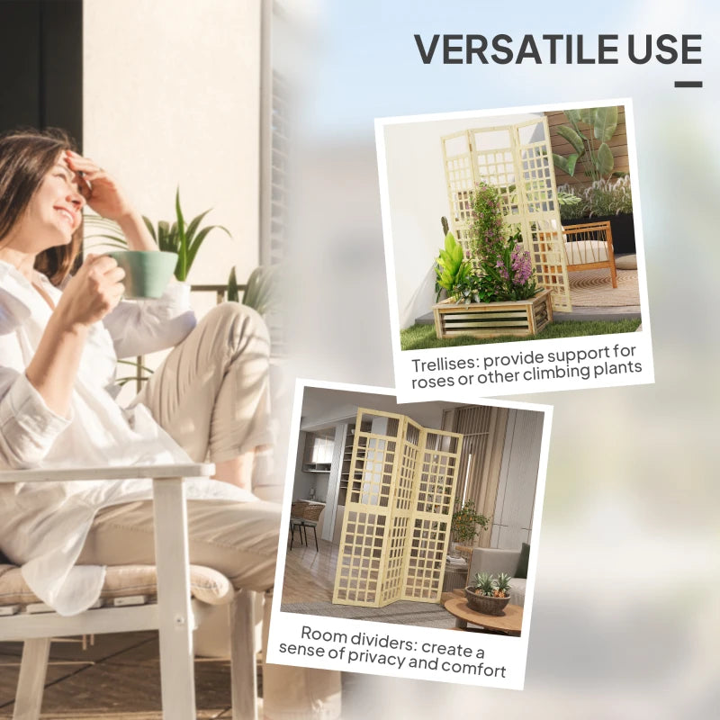 3-Panel Freestanding Wooden Garden Privacy Screen - Foldable Outdoor Divider/Trellis, Natural Wood Finish, 120 x 170 cm