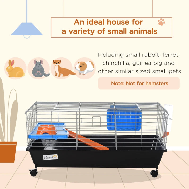 Spacious Small Animal Cage for Rabbits, Guinea Pigs & Chinchillas - Includes Wheels, Water Bottle, Food Dish, Ramp - 89x44x43 cm Black