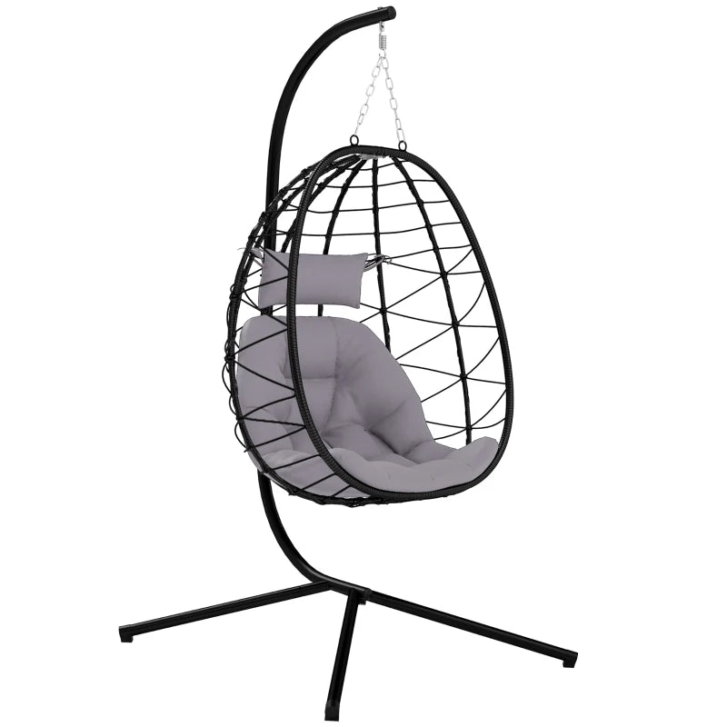 Hanging Egg Chair - Grey Outdoor Indoor Garden Swing Chair with Stand, Thickened Cushion & Headrest - Folding Basket for Patio & Balcony