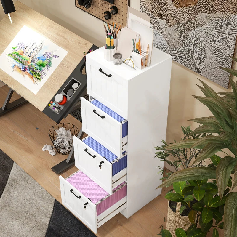 Secure 4 Drawer Filing Cabinet with Lock - Adjustable Hanging Bars for A4 Files - Stylish White Office Storage Solution