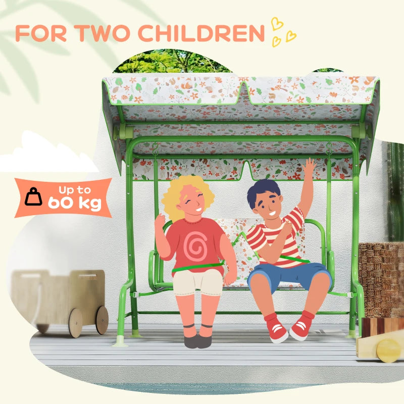 Kids Garden Swing Chair - Green 2 Seater Hammock with Adjustable Canopy & Safety Belt for Patio and Porch