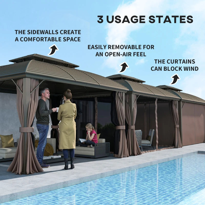 3.65m x 3m Hardtop Steel Gazebo Canopy - Aluminium Frame, Double Roof, Net Sidewalls & Curtains in Coffee