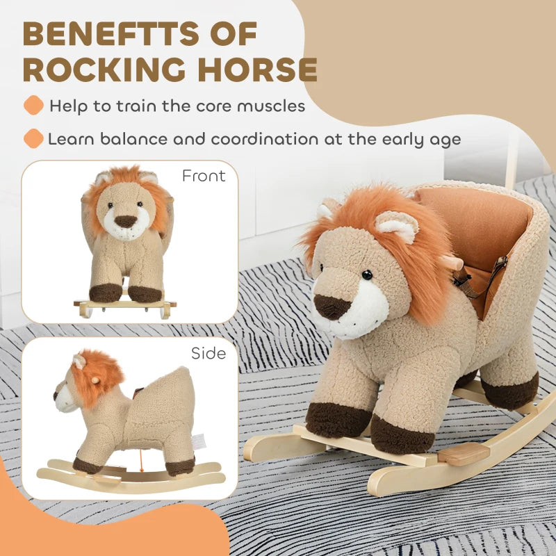 Kids Lion Rocking Horse with Roaring Sound and Safety Seatbelt for Fun Playtime