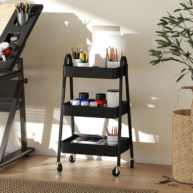 Versatile Three-Tier Black Storage Trolley - Stylish Organizer Cart for Home, Office, Kitchen & Bathroom
