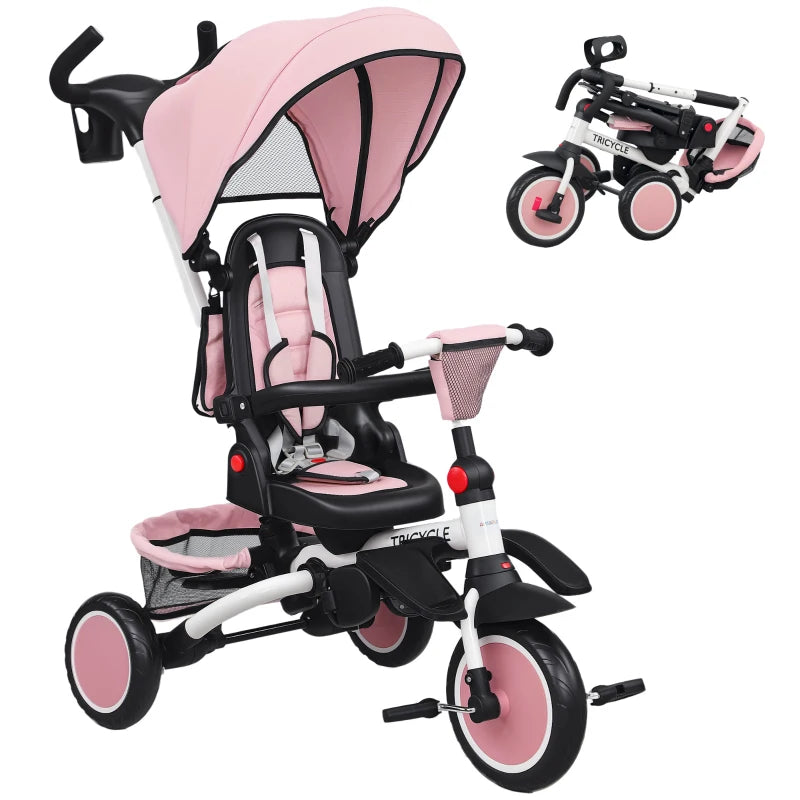 6 in 1 Foldable Kids Trike with Adjustable Parent Handle and Canopy for Ages 1-5 Pink