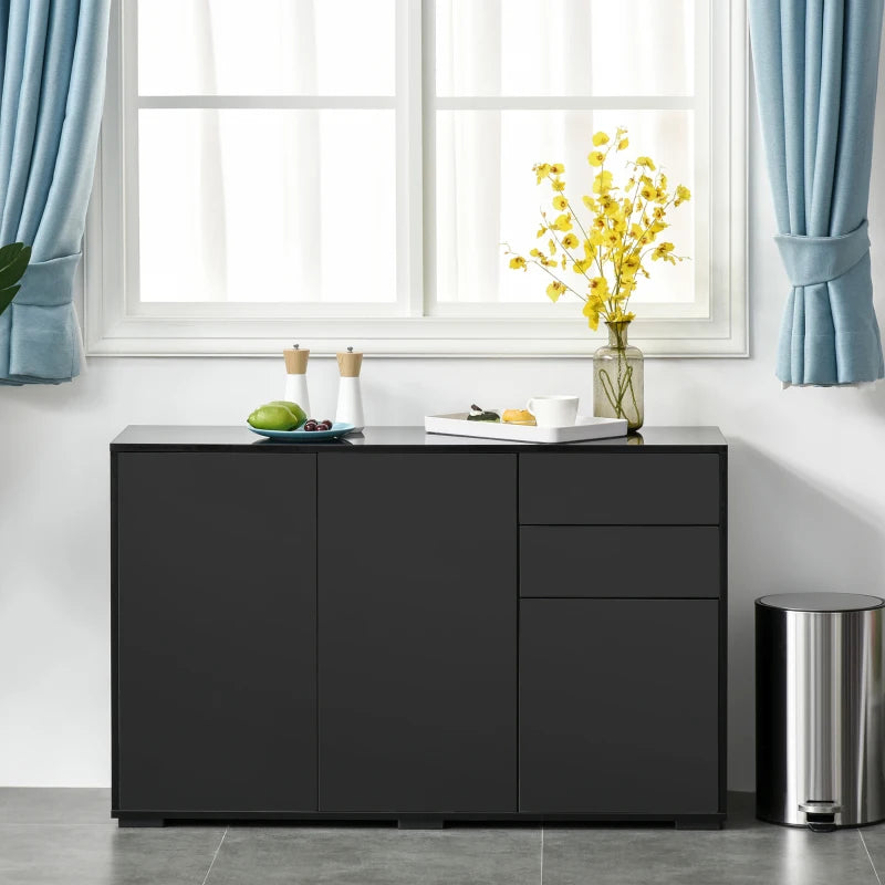 High Gloss Black Side Cabinet with Push-Open Design, 2 Drawers & 2 Cabinets for Living Room - 74H x 117W x 36Dcm