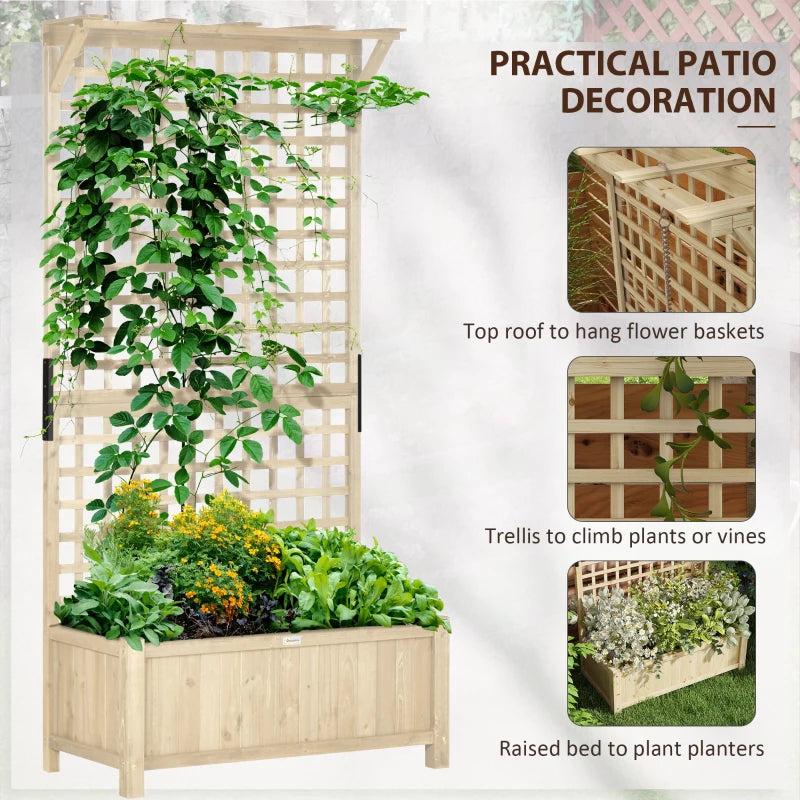 Wooden Raised Garden Bed with Trellis for Climbing Plants and Vegetables Natural Planter with Drainage Holes