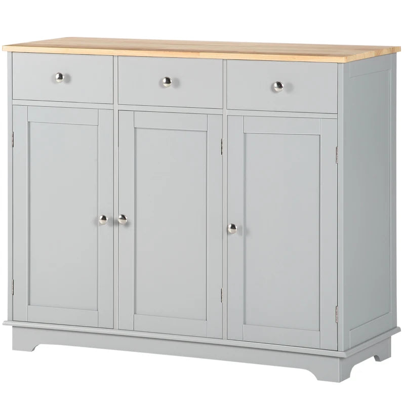 Modern Grey Sideboard with Rubberwood Top & Adjustable Shelves - Perfect for Dining Room & Kitchen Storage