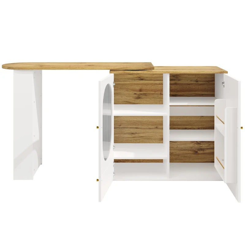 360° Rotating Bar Table with Storage Shelves & Metal Handles - Multi-Functional Dining Table & Sideboard, White, 204L x 39W x 105H cm