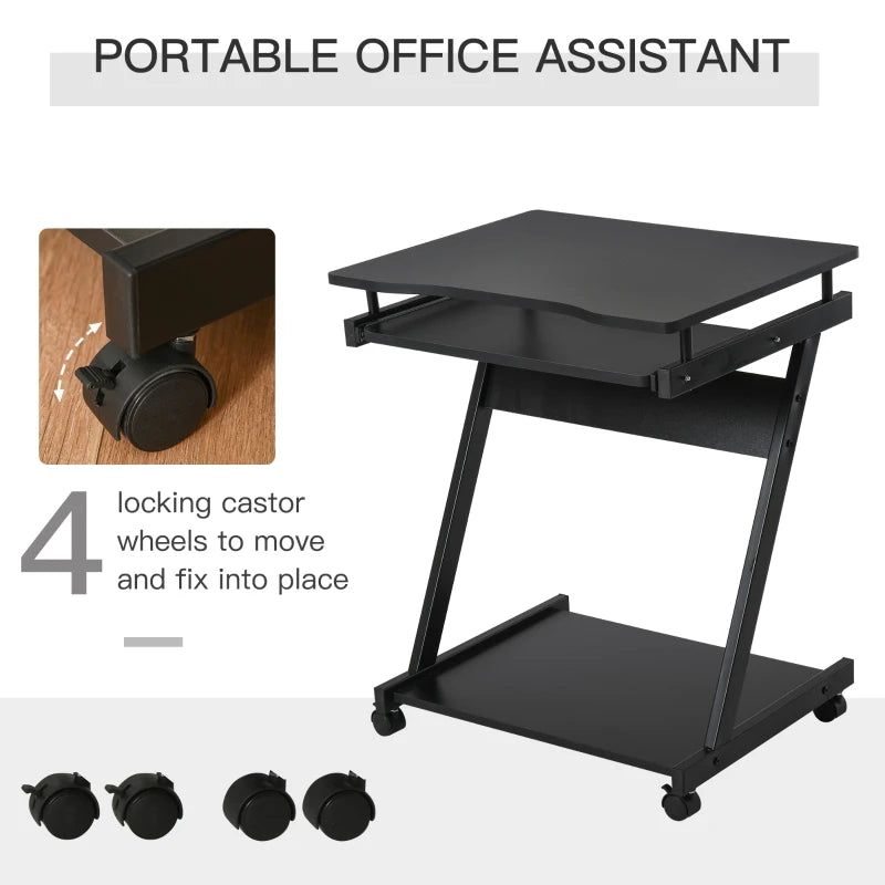 Movable Black Computer Desk with 4 Wheels & Sliding Keyboard Tray - Ideal Home Office Workstation