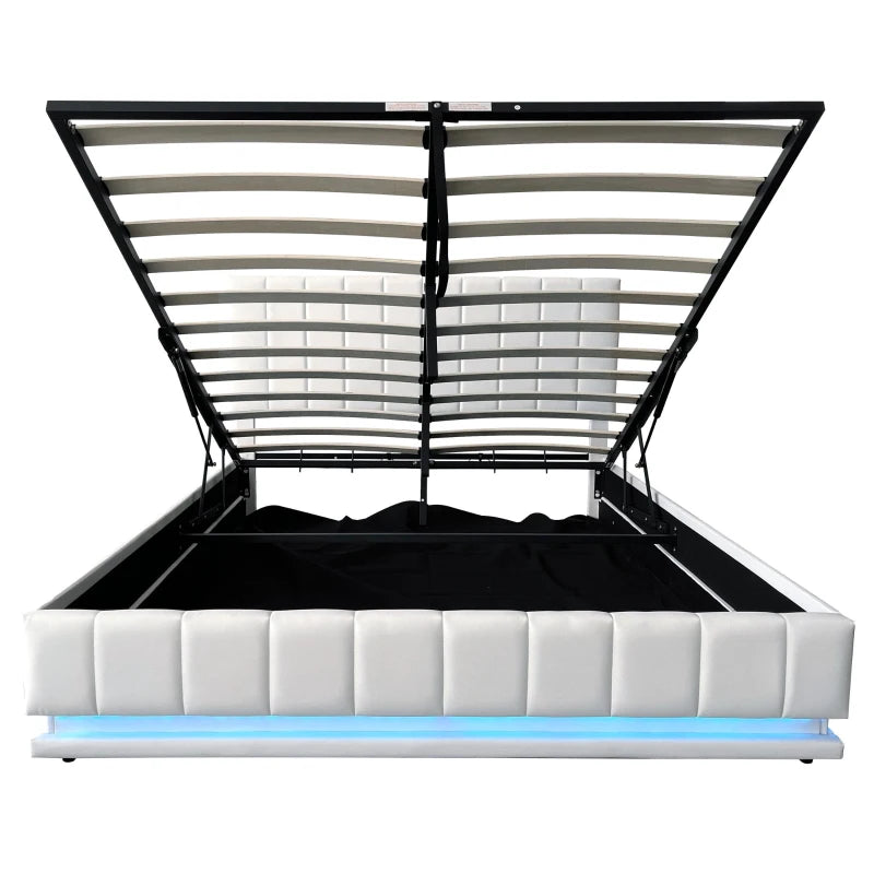 5ft Upholstered King Bed with Hydraulic Storage & RGB LED Lighting - Adjustable Headboard, Cream White, 203L x 157W x 111H cm