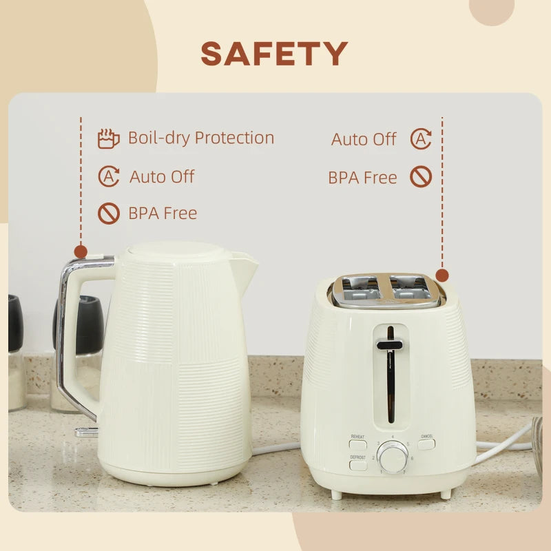 Cream White Kettle and Toaster Set - 1.7L Fast Boil Kettle & 2 Slice Toaster with 7 Browning Levels, Defrost & Reheat