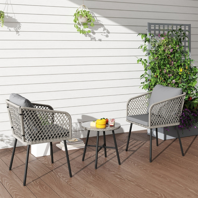 3 Piece Rattan Bistro Set with 2 Chairs & Glass Table for Garden, Balcony, Grey