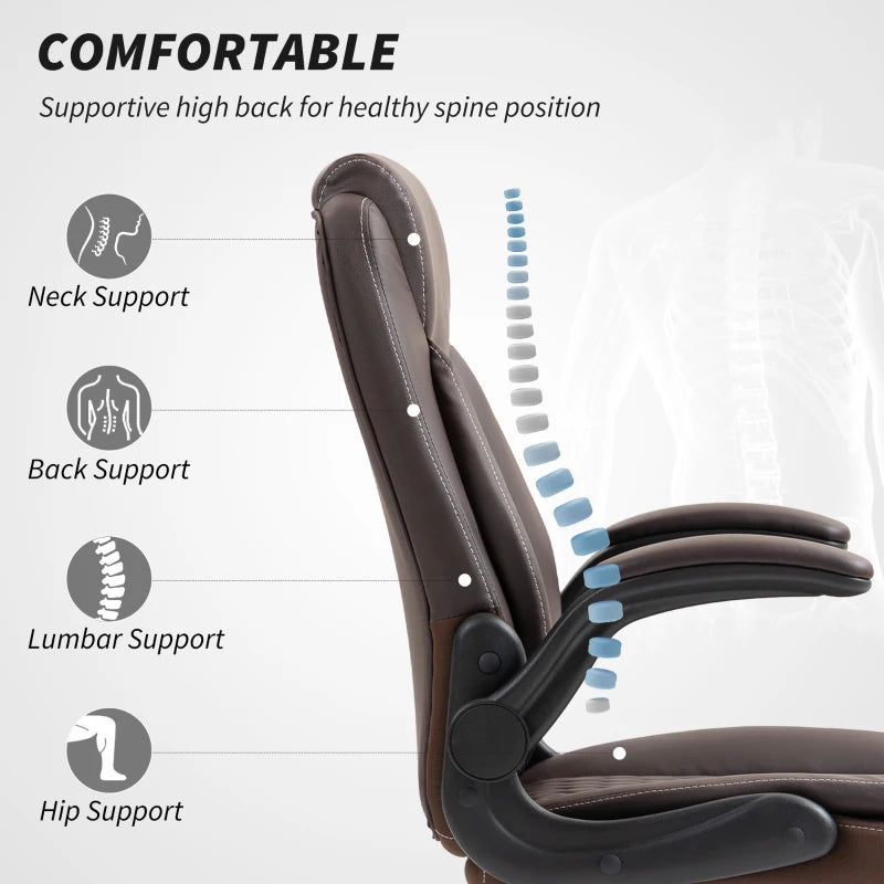 Stylish Brown Faux Leather Office Chair with Flip-Up Armrests - Ergonomic Design for Comfort and Productivity